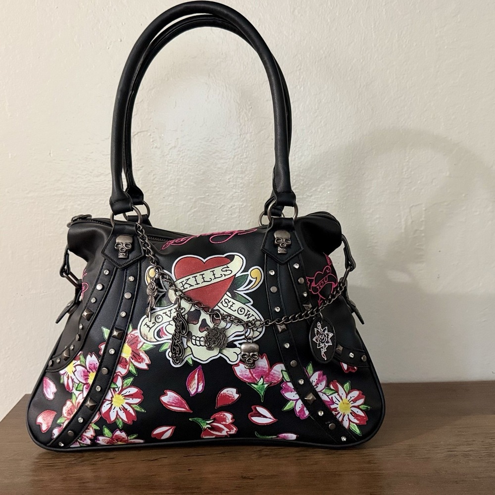 Ed Hardy Black Vegan Leather Skull Love Kills Slowly Satchel Bag with Charms EUC